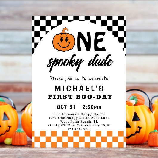 Oranje One Spooky Dude Halloween 1st Birthday Kaart