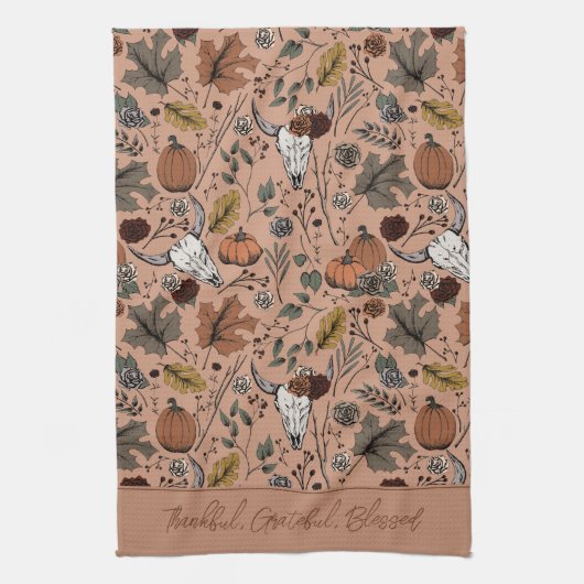 Oranje oogst en horens dankbaar gezegend theedoek (Verticaal)