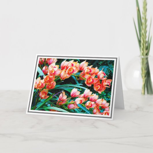 Oranje orchidebloemen tegen groene olie kaart (Voorkant)