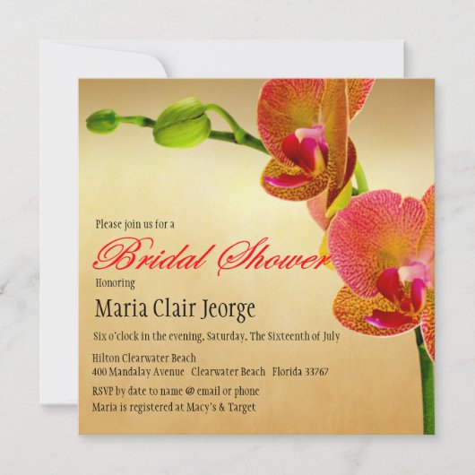 Oranje Orchideeën bruiloft bruids douche uitnodigi Kaart (Voorkant)