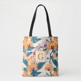 Oranje Orchideeën Monogram fleece deken Tote Bag