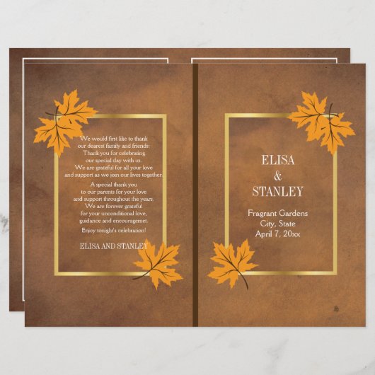 Oranje paardebladeren op bruin trouwprogramma (Voorkant / Achterkant)