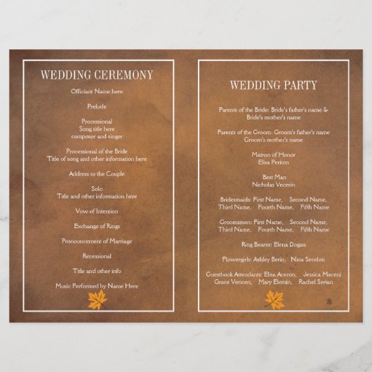 Oranje paardebladeren op bruin trouwprogramma (Achterkant)