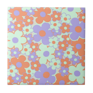 Oranje Paars Blauw Retro Y2K 70s Bloem Patroon Tegeltje