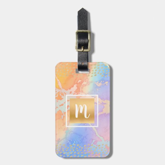Oranje paars goud abstracte waterverf monogram bagagelabel (Voorkant verticaal)