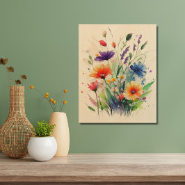 Oranje Paars Rood Blauw Aquarel Bloemen Hout Afdruk