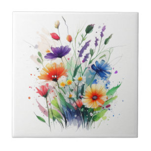 Oranje Paars Rood Blauw Aquarel Bloemen Tegeltje