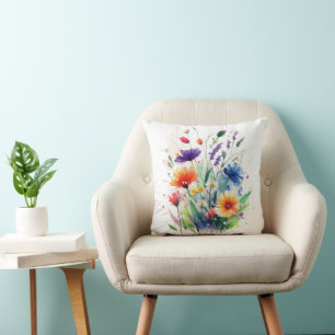 Oranje Paars Rood Blauw Aquarel Wilde Bloemen Kussen