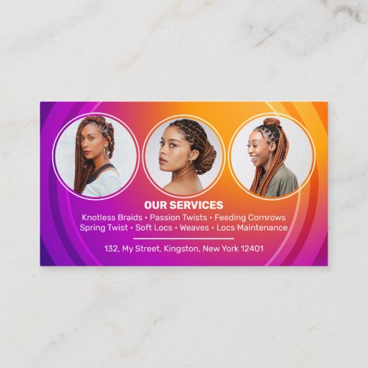 Oranje, Paarse afrikaanse haar vlechten salon foto Visitekaartje (Achterkant)