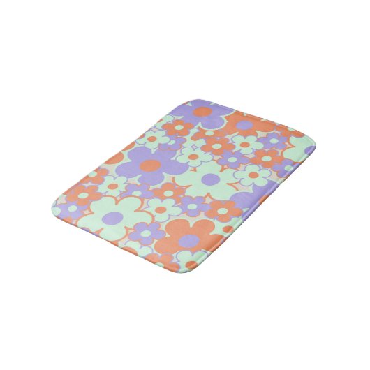 Oranje Paarse Blauwe Retro Y2K 70s Bloempatroon Badmat (Gekanteld)