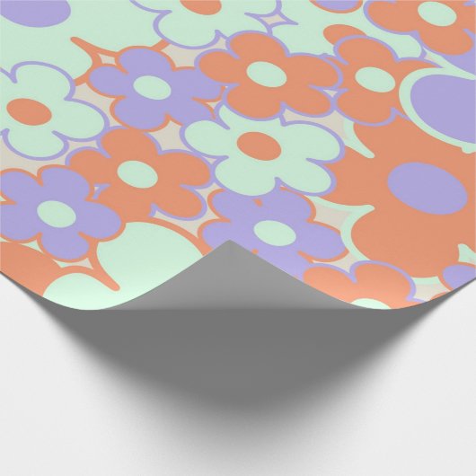 Oranje Paarse Blauwe Retro Y2K 70s Bloempatroon Cadeaupapier (Hoek)