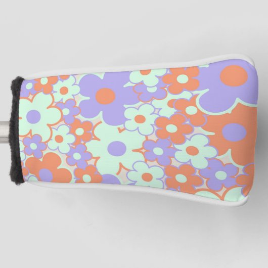 Oranje Paarse Blauwe Retro Y2K 70s Bloempatroon Golfheadcover (Voorkant)