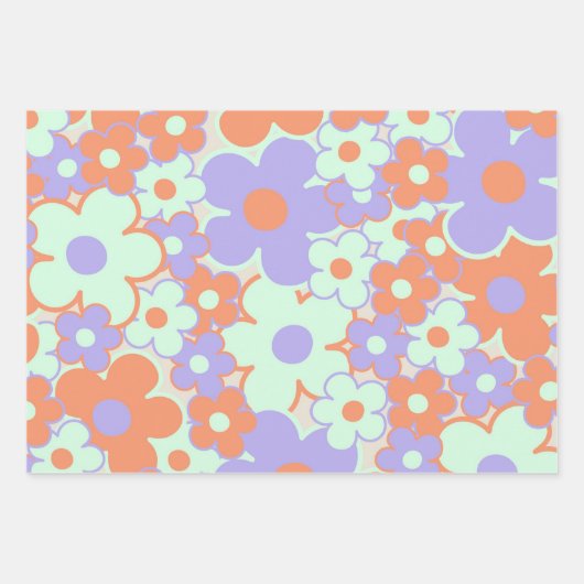 Oranje Paarse Blauwe Retro Y2K 70s Bloempatroon Inpakpapier Vel (Voorkant 2)