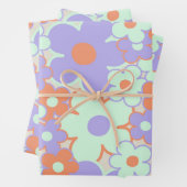 Oranje Paarse Blauwe Retro Y2K 70s Bloempatroon Inpakpapier Vel (In situ)