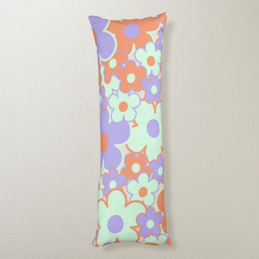 Oranje Paarse Blauwe Retro Y2K 70s Bloempatroon Lichaamskussen (Achterkant (Verticaal))