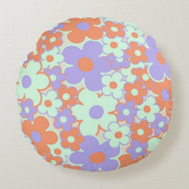 Oranje Paarse Blauwe Retro Y2K 70s Bloempatroon Rond Kussen
