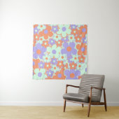 Oranje Paarse Blauwe Retro Y2K 70s Bloempatroon Wandkleed (In Situ (horizontaal))