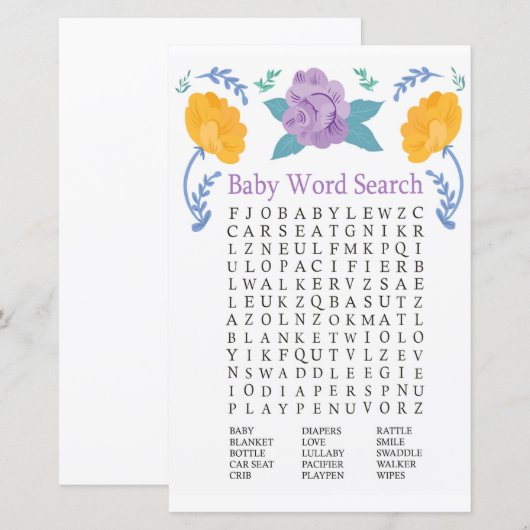Oranje paarse bloemen Baby shower Word Search Game (Voorkant / Achterkant)