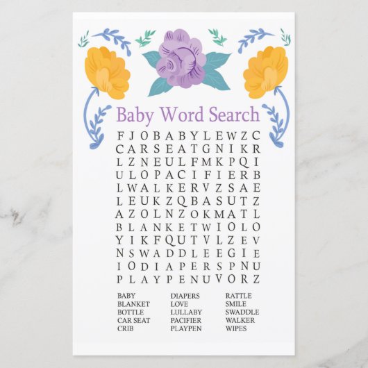 Oranje paarse bloemen Baby shower Word Search Game (Voorkant)
