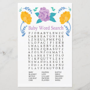 Oranje paarse bloemen Baby shower Word Search Game