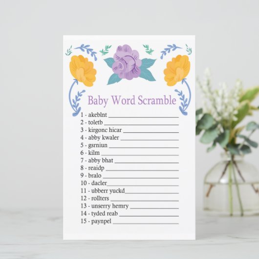 Oranje paarse bloemen Baby word scramble game (Staand voorkant)