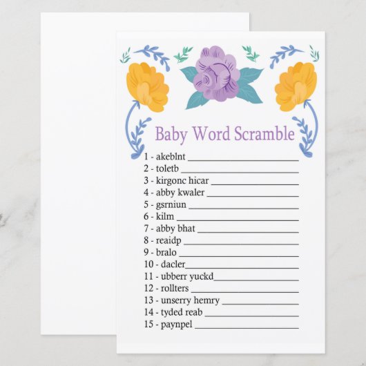 Oranje paarse bloemen Baby word scramble game (Voorkant / Achterkant)
