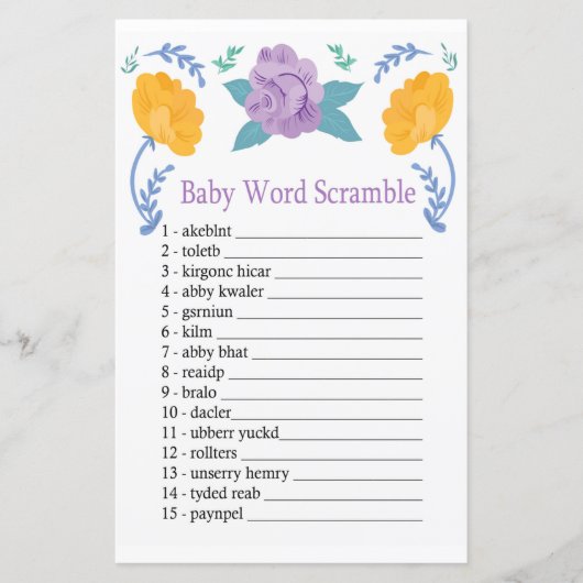 Oranje paarse bloemen Baby word scramble game (Voorkant)