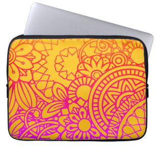 Oranje Paarse Bloemen en Gele Achtergrond Laptop Sleeve