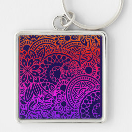 Oranje Paarse Bloemen en Marine Blauwe Achtergrond Sleutelhanger