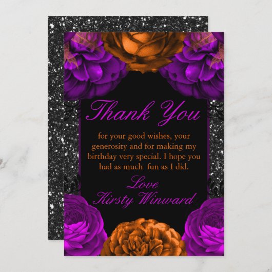 Oranje paarse bloemen Halloween Birthday Party Bedankkaart (Voorkant / Achterkant)