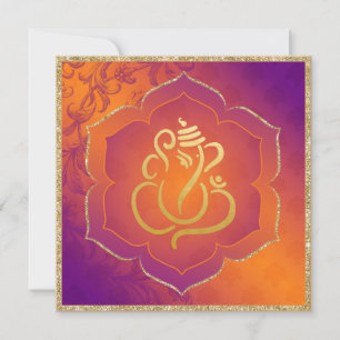 Oranje Paarse Damask Gold Ganesh Indiase bruiloft Kaart