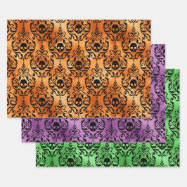 Oranje, Paarse, en Groene Schedel Halloween Damast Inpakpapier Vel