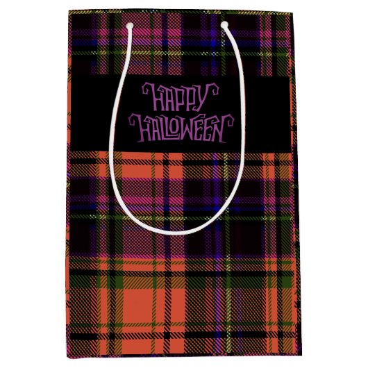 Oranje Paarse Happy Halloween Plaid Gift Bag Medium Cadeauzakje (Voorkant)