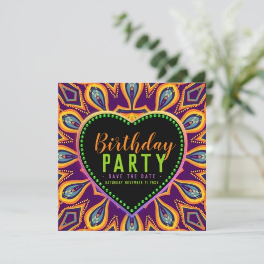 Oranje Paarse Hippie Child Bohemian Thema Save The Date (Staand voorkant)