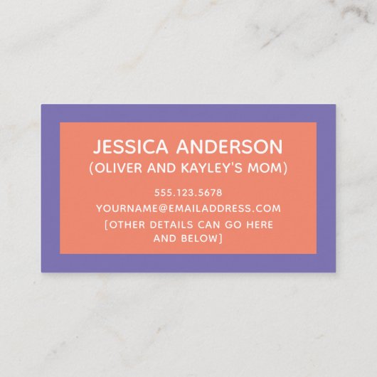 Oranje & Paarse Kleurenblok Speelbare Speeldatum Contactkaartje (Achterkant)