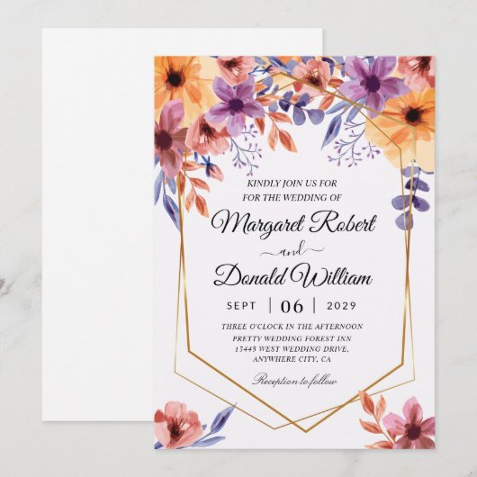 oranje paarse uitnodiging tot een bruiloft (Voorkant / Achterkant)