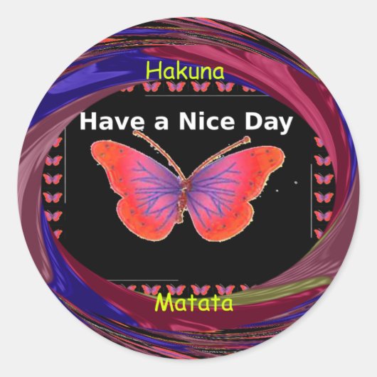 Oranje Paarse vlinder hebben een mooie dag art pri Ronde Sticker (Voorkant)