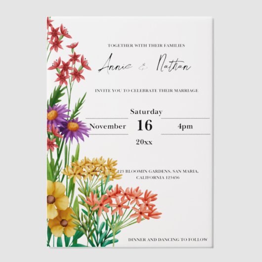  Oranje Paarse Wildflowers Floral Wedding Vellum Uitnodigingen (Voorkant)