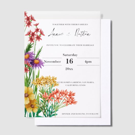  Oranje Paarse Wildflowers Floral Wedding Vellum Uitnodigingen (Offset)