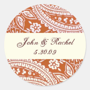Oranje Paisley met namen en datum Ronde Sticker