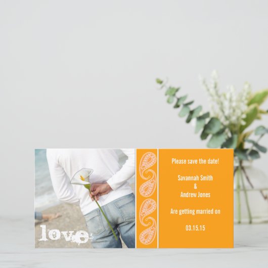 Oranje Paisley Sla de datum op Save The Date (Staand voorkant)