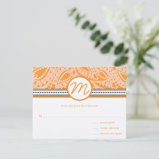 Oranje Paisley Wedding RSVP met Stippen (Staand voorkant)