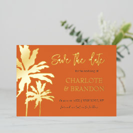 Oranje Palmboom Strand Bruiloft Save The Date Goud Folie Uitnodiging