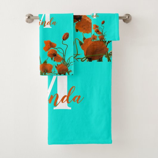 Oranje papaver bloemen bloemen monogrammen Aangepa Bad Handdoek (Insitu)