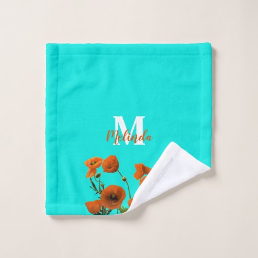 Oranje papaver bloemen bloemen monogrammen Aangepa Bad Handdoek (Wasdoekje)