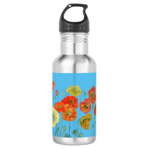 Oranje papaver bloemen Pastel Blue Waterfles