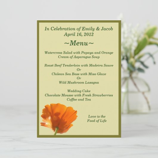 Oranje Papaver Menu Kaarten (Staand voorkant)