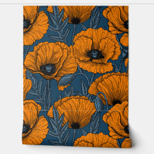 Oranje papaver op donkerblauw behang