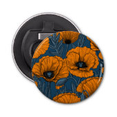 Oranje papaver op donkerblauw button flesopener (Voorkant)