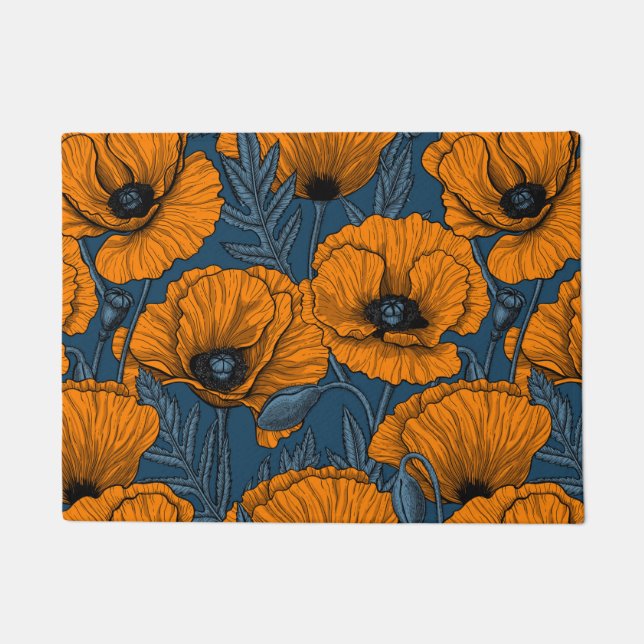 Oranje papaver op donkerblauw deurmat (Voorkant)